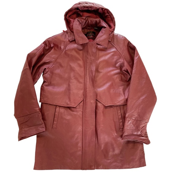Vintage Other - VTG 90s Phase Two Men’s XL Long Red Leather Jacket Removable Hood/Liner Parka